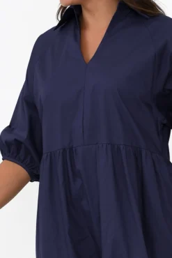 Cotton Dresses<Worthier Cecelia Navy Cotton Poplin Tiered Dress