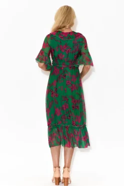 Midi Dresses<La Strada Charlotte Fuchsia Floral Silk Tie Dress
