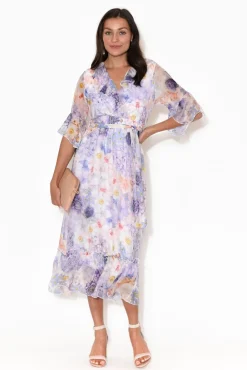 Midi Dresses<La Strada Charlotte White Hydrangea Silk Tie Dress
