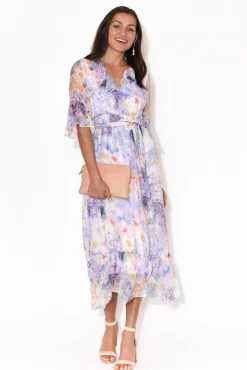 Midi Dresses<La Strada Charlotte White Hydrangea Silk Tie Dress