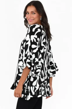 Sleeved Tops<New U Collection Chase Black Abstract Tassel Ruffle Top