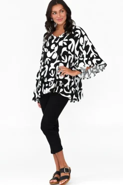 Sleeved Tops<New U Collection Chase Black Abstract Tassel Ruffle Top