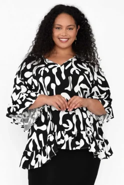 Sleeved Tops<New U Collection Chase Black Abstract Tassel Ruffle Top