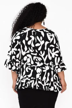 Sleeved Tops<New U Collection Chase Black Abstract Tassel Ruffle Top