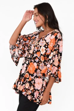 Sleeved Tops<New U Collection Chase Black Bloom Tassel Ruffle Top