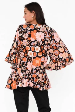 Sleeved Tops<New U Collection Chase Black Bloom Tassel Ruffle Top