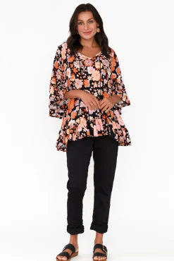 Sleeved Tops<New U Collection Chase Black Bloom Tassel Ruffle Top