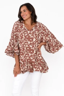 Sleeved Tops<New U Collection Chase Brown Botanical Tassel Ruffle Top
