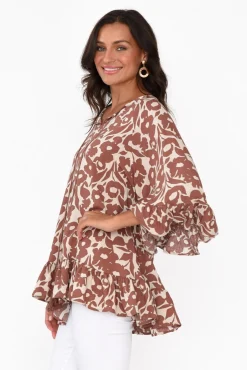 Sleeved Tops<New U Collection Chase Brown Botanical Tassel Ruffle Top