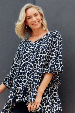 Sleeved Tops<New U Collection Chase Navy Abstract Tassel Ruffle Top