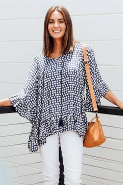 Sleeved Tops<New U Collection Chase Navy Spot Tassel Ruffle Top
