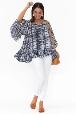 Sleeved Tops<New U Collection Chase Navy Spot Tassel Ruffle Top