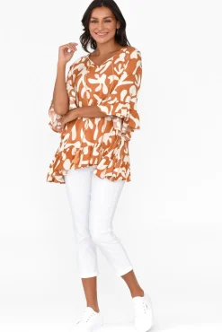 Sleeved Tops<New U Collection Chase Rust Abstract Tassel Ruffle Top