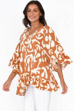 Sleeved Tops<New U Collection Chase Rust Abstract Tassel Ruffle Top