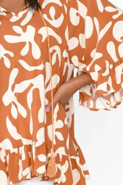 Sleeved Tops<New U Collection Chase Rust Abstract Tassel Ruffle Top