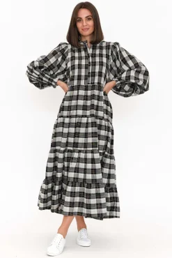 Cotton Dresses<Fujinella Chloe Black Check Cotton Tiered Maxi Dress