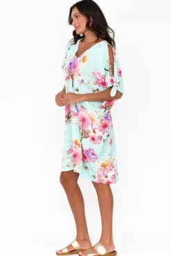 Above Knee Dresses<Red Lotus Chloe Blue Cherry Blossom Cold Shoulder Kaftan