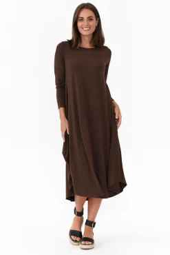 Midi Dresses<Tani Chocolate Marle Long Sleeved Micro Modal Drape Dress