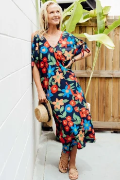 Midi Dresses<New U Collection Christine Navy Floral Cold Shoulder Kaftan