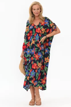 Midi Dresses<New U Collection Christine Navy Floral Cold Shoulder Kaftan