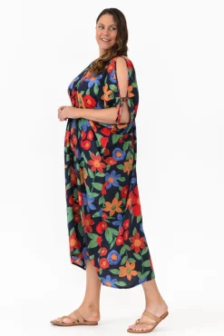Midi Dresses<New U Collection Christine Navy Floral Cold Shoulder Kaftan
