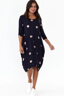 Below Knee Dresses<Cali and Co Coco Navy Spot Sleeved Dress