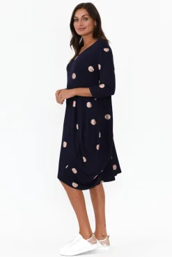 Below Knee Dresses<Cali and Co Coco Navy Spot Sleeved Dress