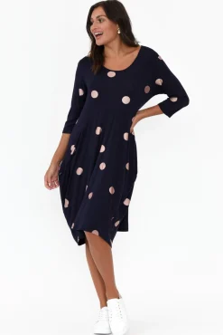 Below Knee Dresses<Cali and Co Coco Navy Spot Sleeved Dress