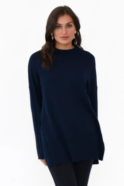 Knitwear<Tirelli Collins Navy Wool Blend Split Hem Jumper