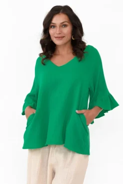 Cotton Tops<Hourglass Corey Green Crinkle Cotton Frill Top