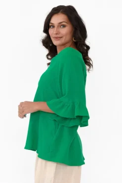 Cotton Tops<Hourglass Corey Green Crinkle Cotton Frill Top