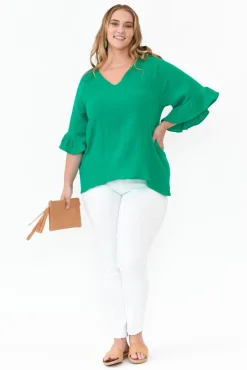 Cotton Tops<Hourglass Corey Green Crinkle Cotton Frill Top