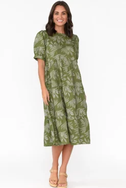 Linen Dresses<Stella Gemma Corsica Green Palm Linen Tiered Dress