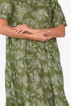 Linen Dresses<Stella Gemma Corsica Green Palm Linen Tiered Dress