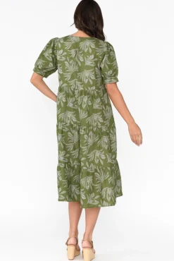 Linen Dresses<Stella Gemma Corsica Green Palm Linen Tiered Dress