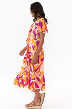 Midi Dresses<Label of Love Dahlia Orange Abstract V Neck Dress