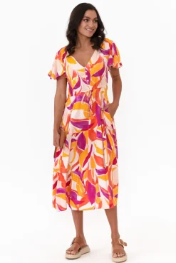 Midi Dresses<Label of Love Dahlia Orange Abstract V Neck Dress