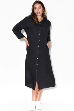 Linen Dresses<La Strada Danika Navy Linen Dress