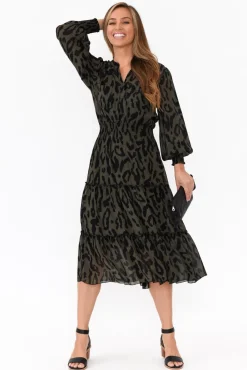 Midi Dresses<Fate Becker Darby Khaki Animal Tier Midi Dress