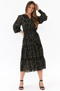 Midi Dresses<Fate Becker Darby Khaki Animal Tier Midi Dress