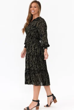 Midi Dresses<Fate Becker Darby Khaki Animal Tier Midi Dress