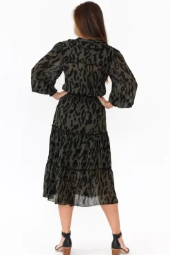 Midi Dresses<Fate Becker Darby Khaki Animal Tier Midi Dress