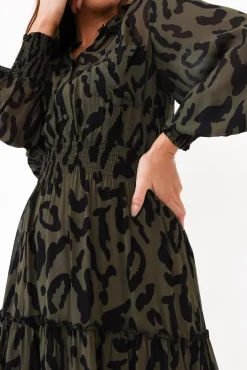 Midi Dresses<Fate Becker Darby Khaki Animal Tier Midi Dress