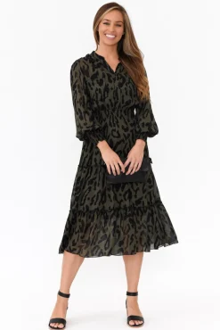 Midi Dresses<Fate Becker Darby Khaki Animal Tier Midi Dress