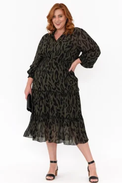 Midi Dresses<Fate Becker Darby Khaki Animal Tier Midi Dress