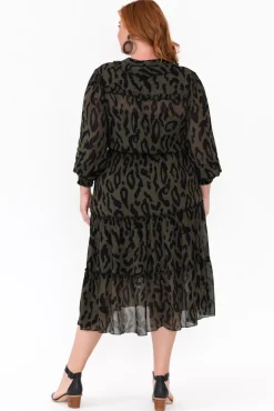 Midi Dresses<Fate Becker Darby Khaki Animal Tier Midi Dress