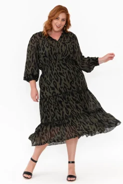 Midi Dresses<Fate Becker Darby Khaki Animal Tier Midi Dress