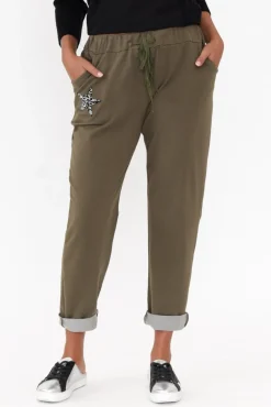 Pants<Cali and Co Darius Khaki Star Cotton Stretch Pant