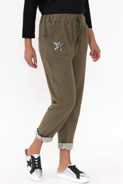 Pants<Cali and Co Darius Khaki Star Cotton Stretch Pant