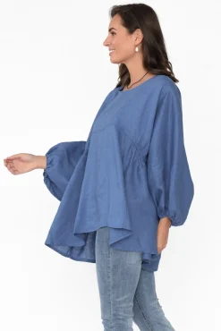 Cotton Tops<Tirelli Darla Blue Gathered Sleeve Linen Top